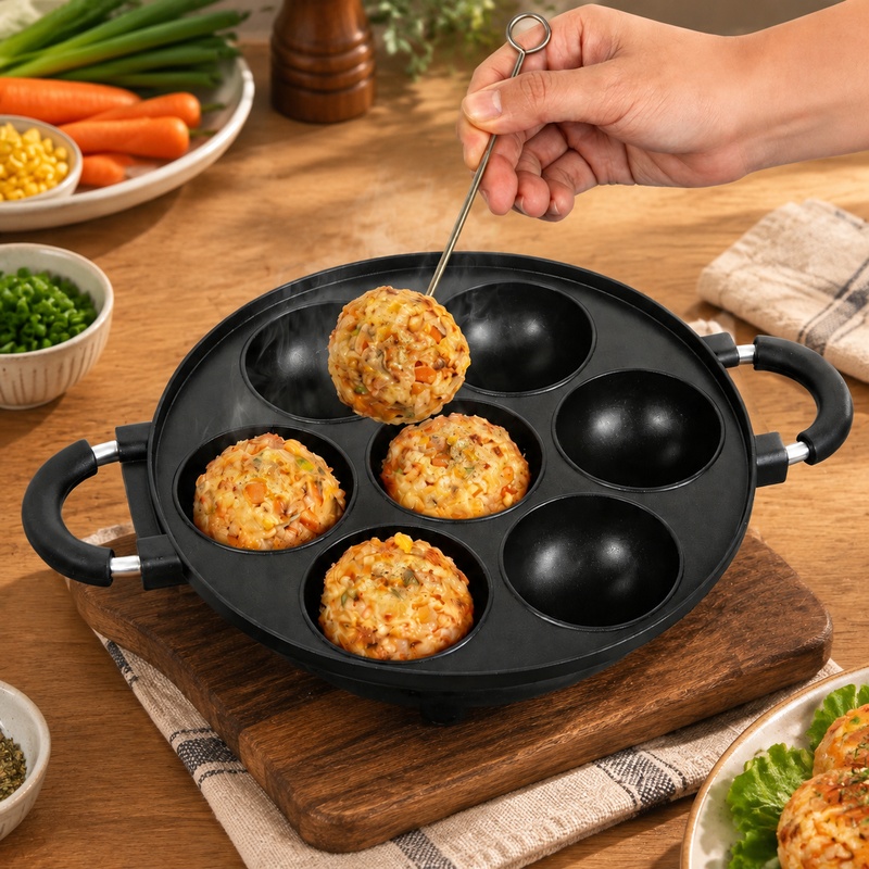 Takoyaki Grill Plate - Yapışmaz Yüzeyli, 7 Bölmeli Alüminyum Kalıp,